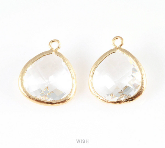 Clear Faceted Glass Charm in Matte Gold, Framed Drop Glass Bead / GCLMG-001-P (Large)