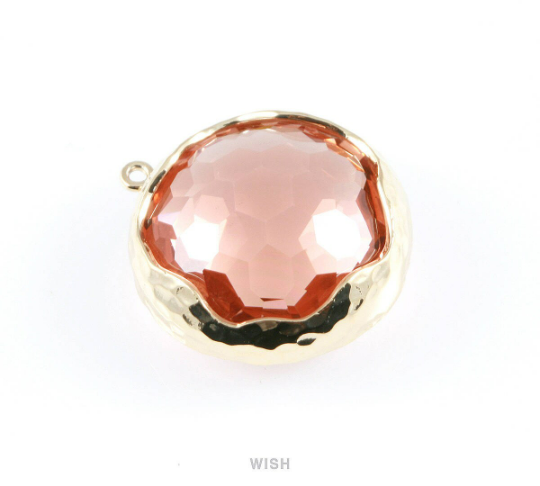 1 piece of Peach Faceted Glass Charms in Gold, Framed Round Pendant/ GPCG-011-P