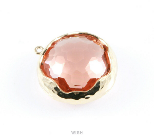 1 piece of Peach Faceted Glass Charms in Gold, Framed Round Pendant/ GPCG-011-P