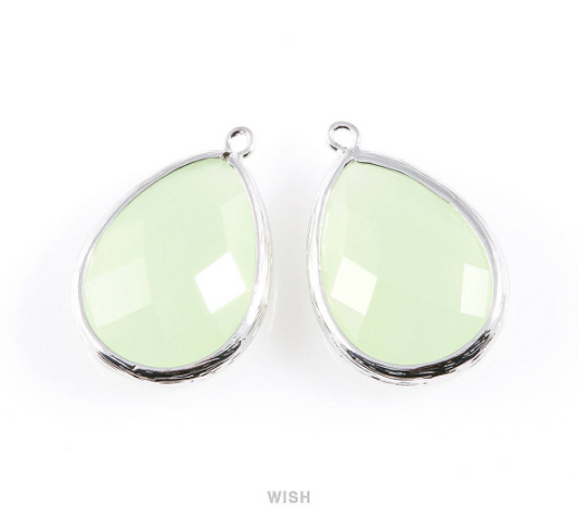 Light Mint Teardrop Glass Charm in Rhodium, Framed Drop Glass Gem / GLMRH-044-P