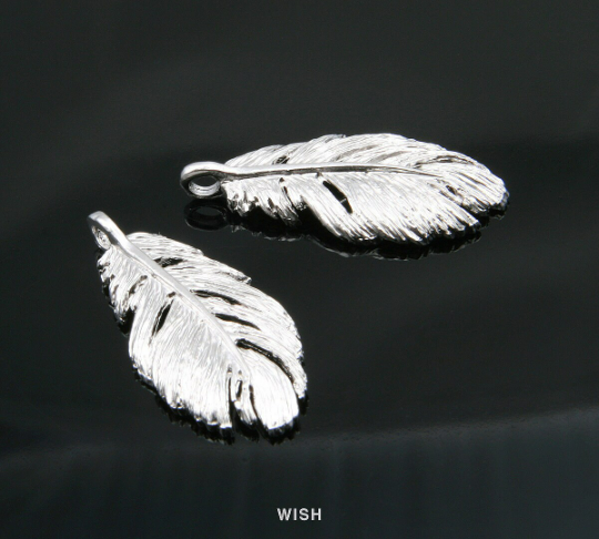 Feather Pendant in Matte Rhodium, Textured Feather Charm / MMRH-238-P