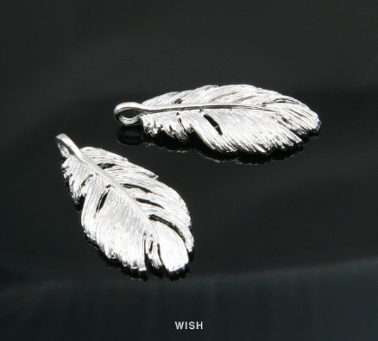 Feather Pendant in Matte Rhodium, Textured Feather Charm / MMRH-238-P