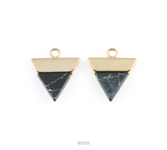 Black Marble Triangle Stone Charm in Gold, Gemstone Framed Pendant / SBMG-053-P