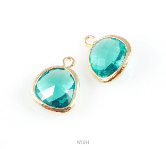 Blue Zircon Faceted Glass Charm in Gold, Framed Drop Glass Gem / GBZG-004-P (Medium)