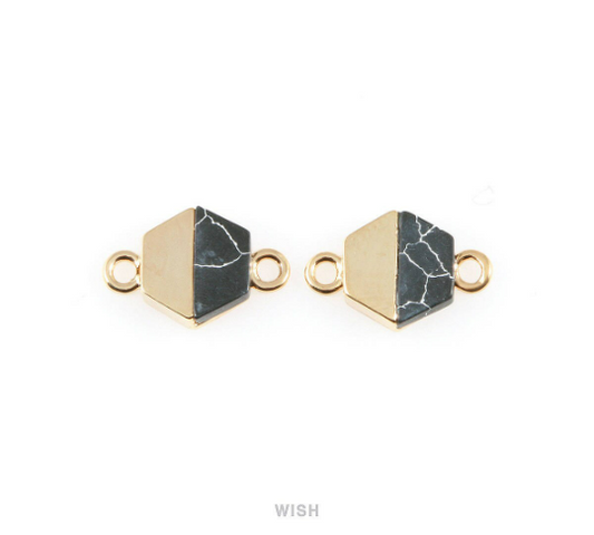 Black Marble Hexagone Stone Charm in Gold, Gemstone Framed Pendant/ SBMG-048-P