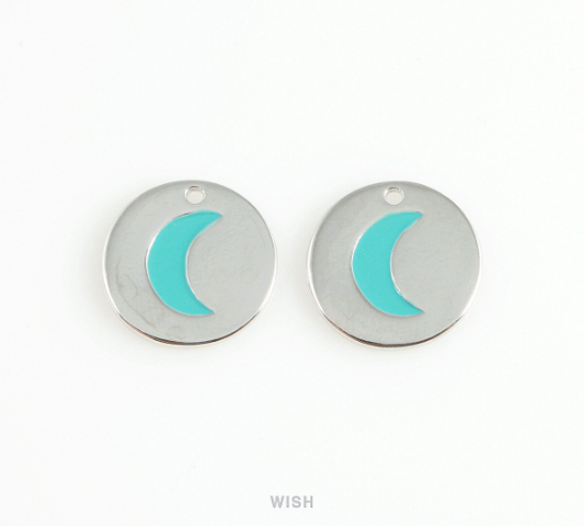 Turquoise Crescent Disc Pendants in Rhodium, Crescent Charm / MRH-407-P