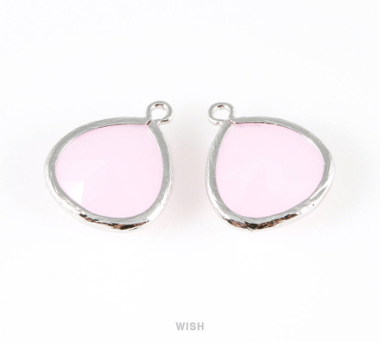 Rose Quartz Faceted Glass Charm in Rhodium, Framed Glass Bead / GRQRH-001-P (Large)