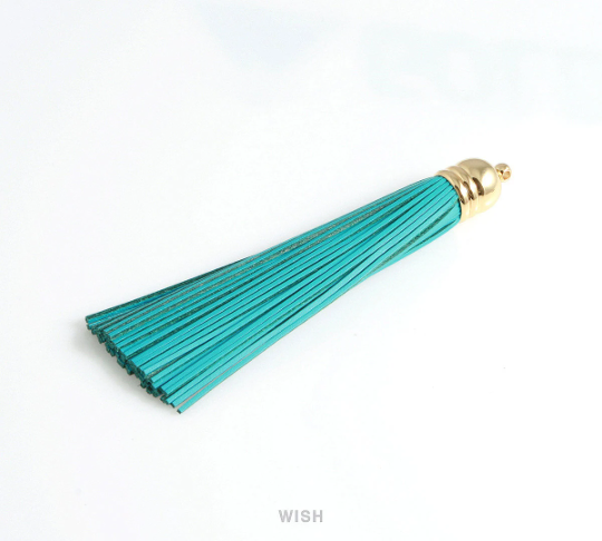 Blue Leather Tassel with Bell Cap in Gold, Blue Cowhide Tassel / LBUG-006-T (1 piece)