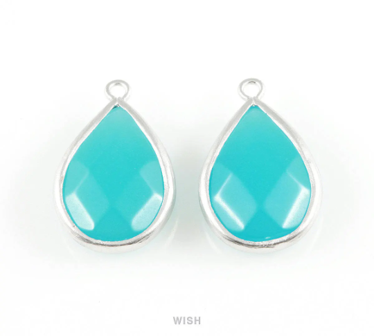Ocean Blue Faceted Synthetic Stone Charms in Matte Rhodium, Framed Teardrop Pendant / SOBMRH-010-P