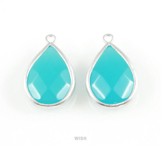 Ocean Blue Faceted Synthetic Stone Charms in Matte Rhodium, Framed Teardrop Pendant / SOBMRH-010-P