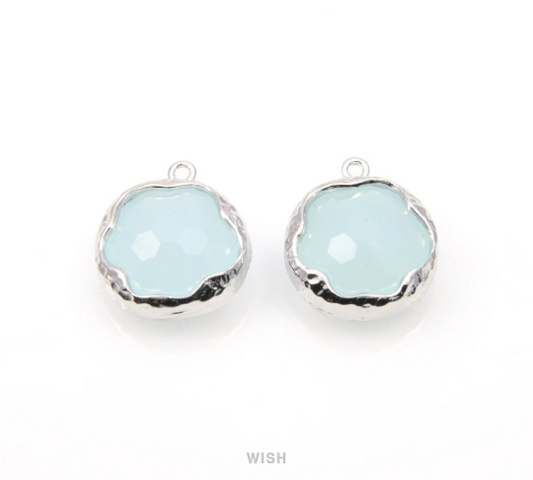 Alice Blue Faceted Glass Charms in Rhodium, Framed Round Pendant / GABRH-090-P (Small)