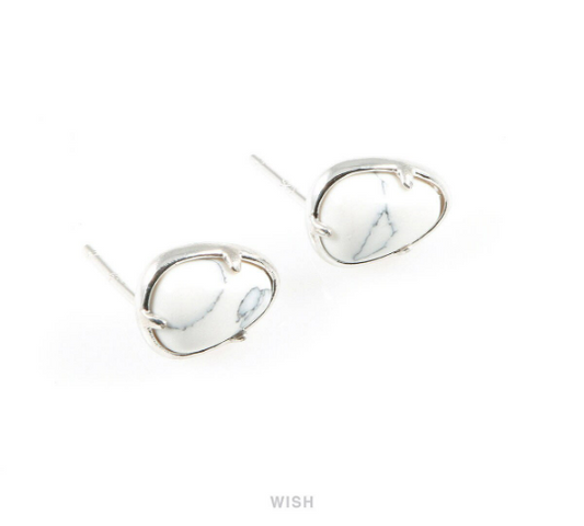 Howlite Teardrop Stone Earrings in Rhodium, Gemstone Framed Ear Post / SHTRH-068-E