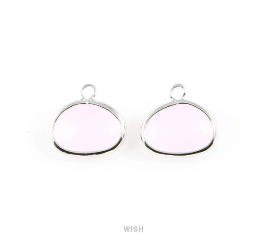 Rose Quartz Oval Glass Charm in Rhodium, Glass Framed Pendant/ GRQRH-039-P