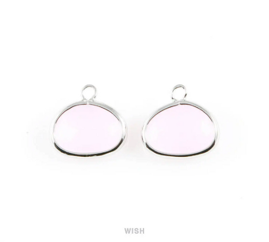 Rose Quartz Oval Glass Charm in Rhodium, Glass Framed Pendant/ GRQRH-039-P