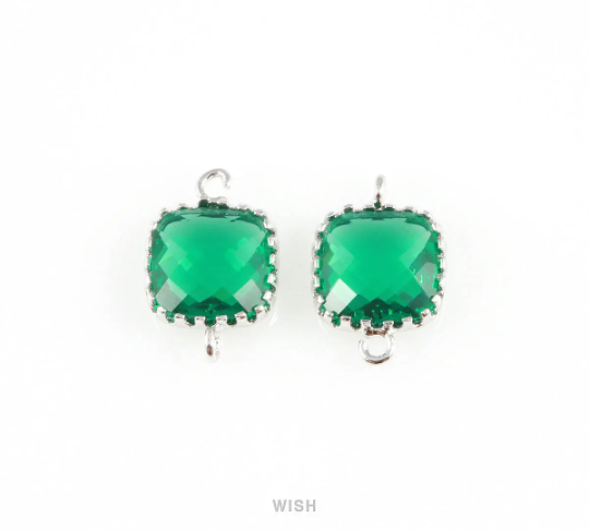 Emerald Faceted Glass Connector in Rhodium, Framed Square Connector / GEMRH-007-P