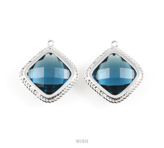 Montana Blue Diamond Shape Pendants in Rhodium, Framed Diamond Charms / GMBRH-032-P