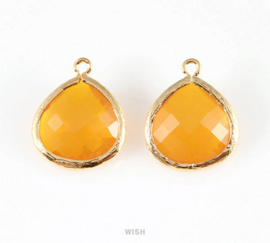Citrine Faceted Glass Charm in Gold, Framed Drop Glass Bead / GCNG-001-P (Large)