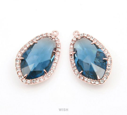 Briolette Montana Blue Glass with Rheinstone in Rose Gold, Framed Gems /GMBRG-043-P