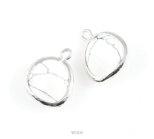 Howlite Faceted Gemstone Charm in Rhodium, Framed Pear Gemstone Pendant / SHTRH-004-P