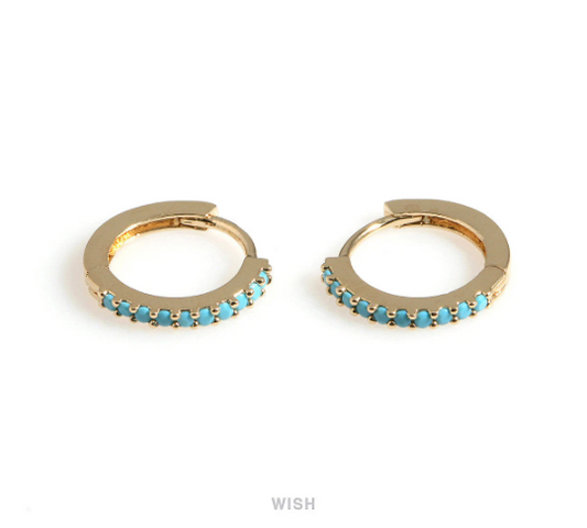 Turquoise Clip Hoop Earrings in Gold, 10 CZ Turquoise Hoop Earrings / CG-083-E2