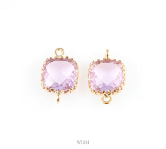 Light Amethyst Faceted Glass Connector in Gold, Framed Square Connector / GLDG-007-P