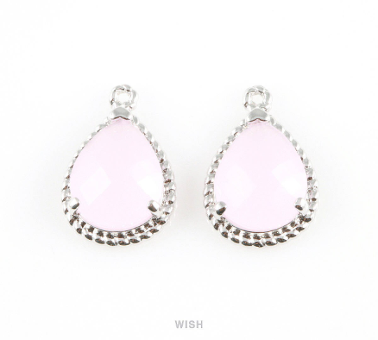 Rose Quartz Teardrop Glass Charm in Rhodium, Framed Drop Glass Gem / GRQRH-006-P