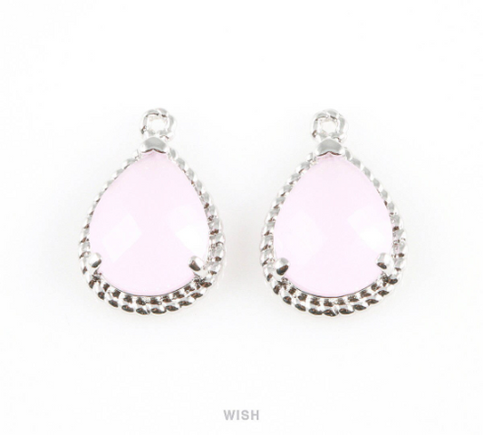 Rose Quartz Teardrop Glass Charm in Rhodium, Framed Drop Glass Gem / GRQRH-006-P