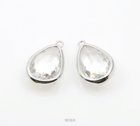 Clear Drop Charm in Rhodium, Crystal Drop Framed Pendant /SCLRH-112-P
