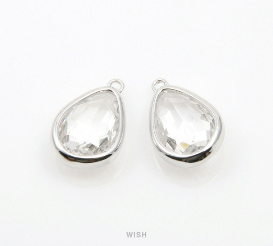 Clear Drop Charm in Rhodium, Crystal Drop Framed Pendant /SCLRH-112-P