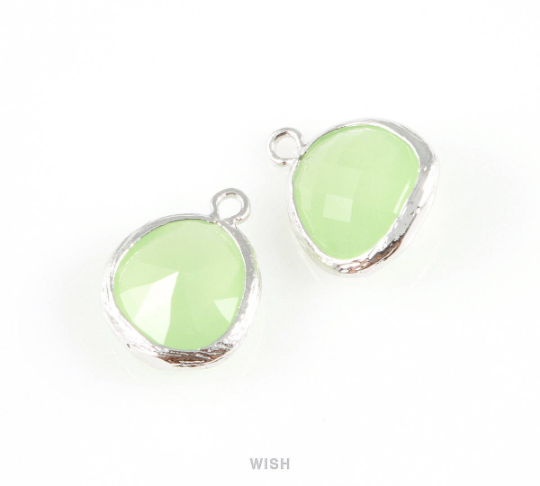 Light Mint Faceted Glass Charm in Rhodium, Framed Drop Glass Gem / GLMRH-004-P