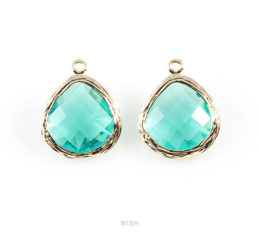 Blue Zircon Faceted Glass Charm in Gold, Framed Pendant / GBZG-036-P