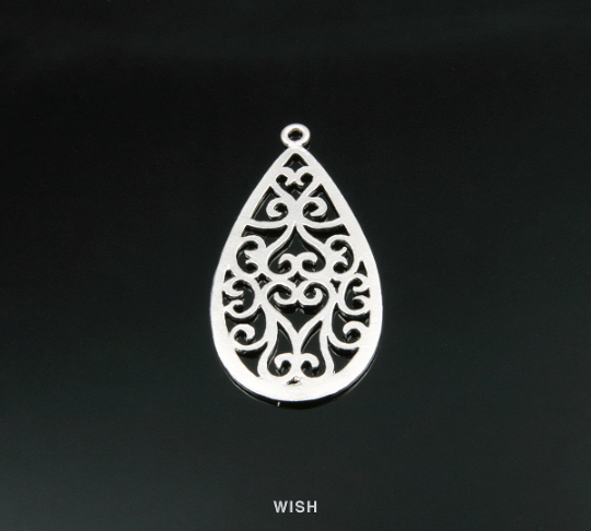 Oriental Pattern Teardrop Pendant in Matte Rhodium, Oriental Teardrop Charm / MMRH-194-P