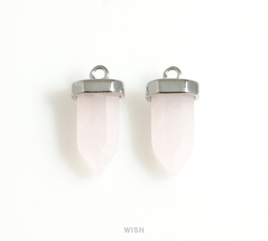 Rose Quartz Point Gemstone Charm in Rhodium, Rose Quartz Point Gemstone Pendant / SRQRH-106-P