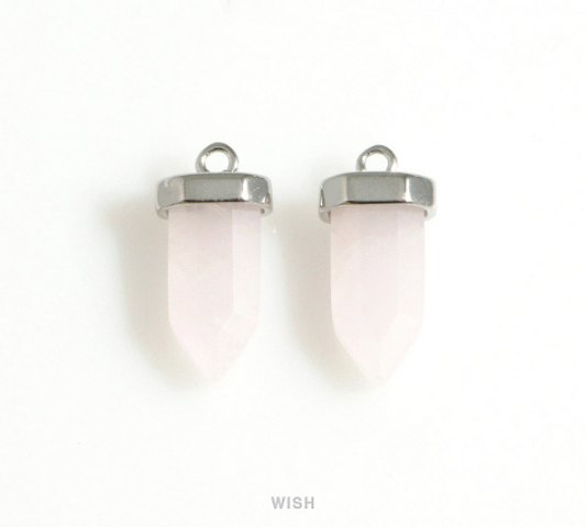 Rose Quartz Point Gemstone Charm in Rhodium, Rose Quartz Point Gemstone Pendant / SRQRH-106-P