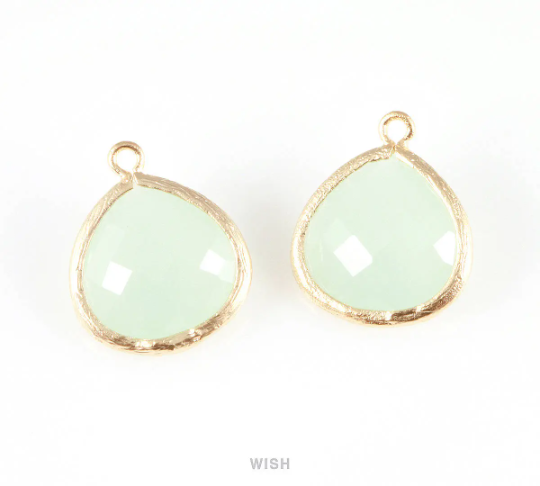 Alice Blue Faceted Glass Charm in Matte Gold, Framed Drop Glass Bead / GABMG-001-P