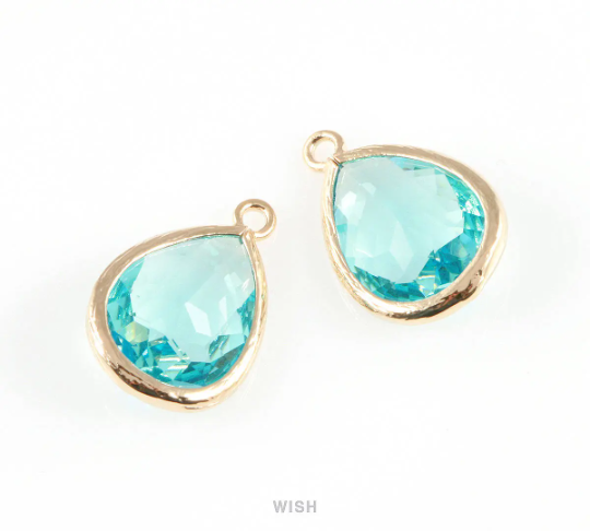Aquamarine Teardrop Glass Charm in Gold, Framed Drop Glass Gem / GAQG-005-P