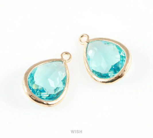 Aquamarine Teardrop Glass Charm in Gold, Framed Drop Glass Gem / GAQG-005-P
