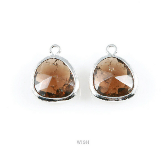 Smokey Quartz Sparkle Glass Charm in Rhodium, Framed Drop Glass Bead / GSQRH-013-P