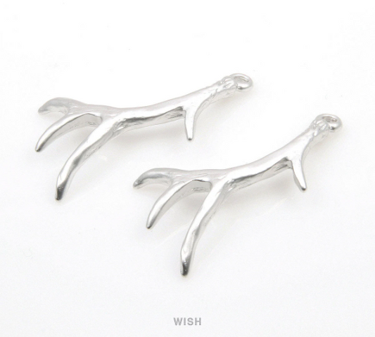 Deer Antler Pendant in Matte Rhodium, Antler Charm / MMRH-328-P