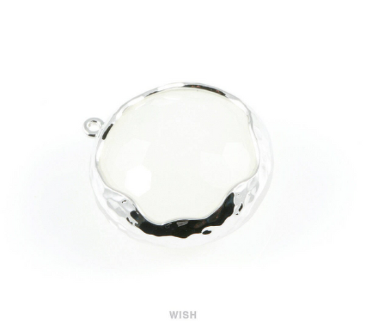 1 piece of White Alabaster Faceted Glass Charms in Rhodium, Framed Round Pendant / GWARH-011-P