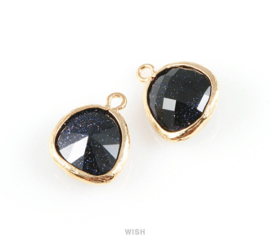 Lapis-Lazuli Faceted Glass Charm in Gold, Framed Drop Glass Gem / GLLG-004-P (Medium)