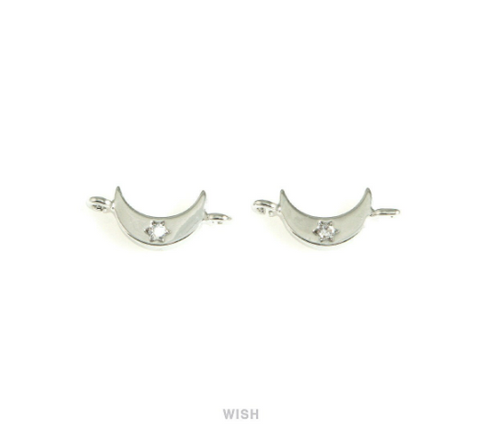 Crescent Cubic Zirconia Charms in Rhodium, Crescent Pendants with a Rhinestone / MRH-726-P2