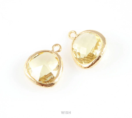 Topaz Faceted Glass Charm in Gold, Framed Drop Glass Gem / GTPG-004-P (Medium)