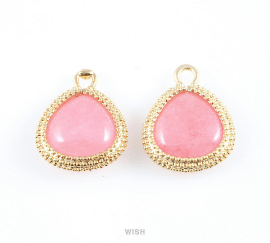 Rose Quartz Triangle Synthetic Stone Charms in Matte Gold, Framed Triangle Gems /  SRQMG-026-P