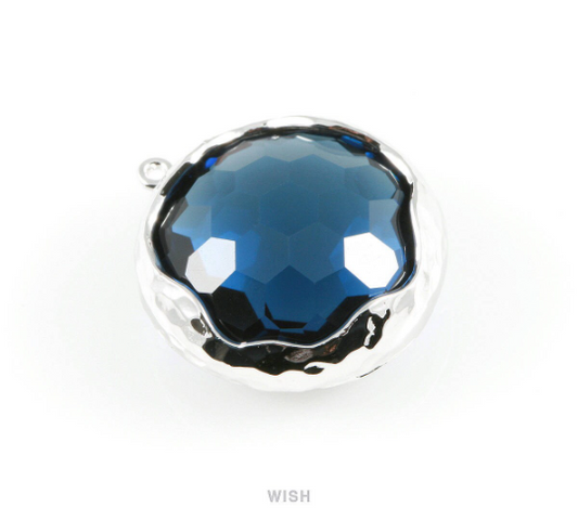 Montana Blue Faceted Glass Charms in Rhodium, Framed Round Pendant / GMBRH-011-P (1 piece)