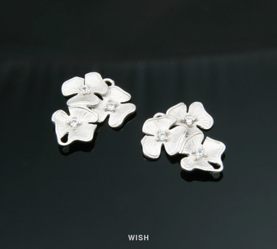Three Flower Pendant in Matte Rhodium with Three Cubic Zirconia, CZ Triple Flower Charm / MMRH-301-P