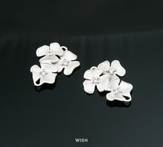 Three Flower Pendant in Matte Rhodium with Three Cubic Zirconia, CZ Triple Flower Charm / MMRH-301-P