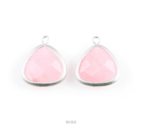 Rose Quartz Faceted Stone Charms in Matte Rhodium, Framed Triangle Pendants / SRQMRH-029-C