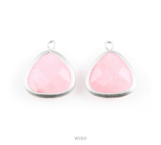 Rose Quartz Faceted Stone Charms in Matte Rhodium, Framed Triangle Pendants / SRQMRH-029-C