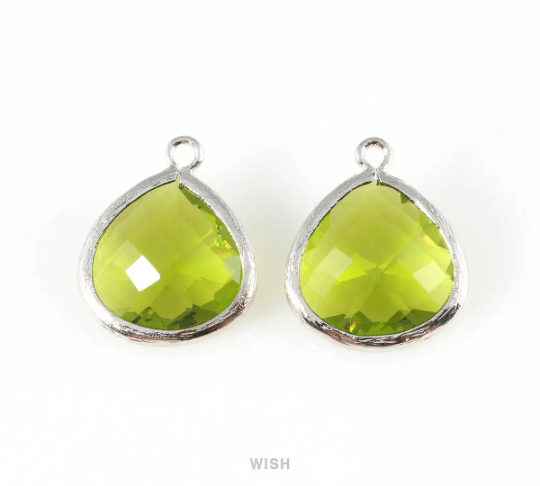 Dark Apple Faceted Glass Charm in Rhodium, Framed Drop Glass Bead / GDARH-001-P (Large)